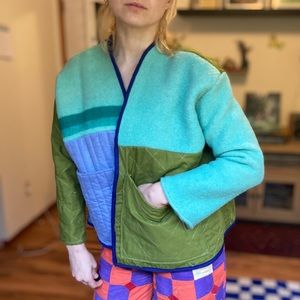 Handmade patchwork vintage quilt and wool blanket pieces chore coat.